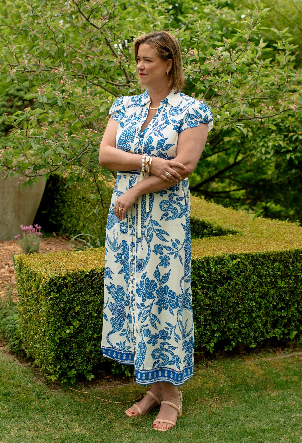 Once Was - Callista Viscose Dobby Petal Sleeve Dress in Azure Mosaic