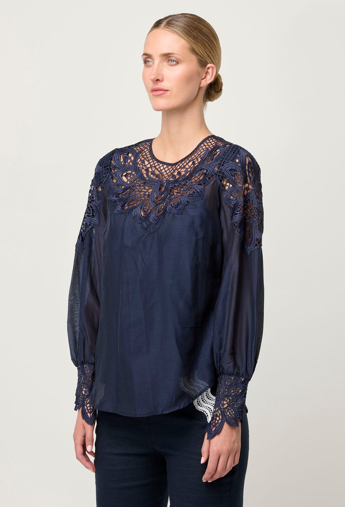Once Was Mirador Cotton Silk Blouse in Navy