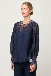 Once Was Mirador Cotton Silk Blouse in Navy