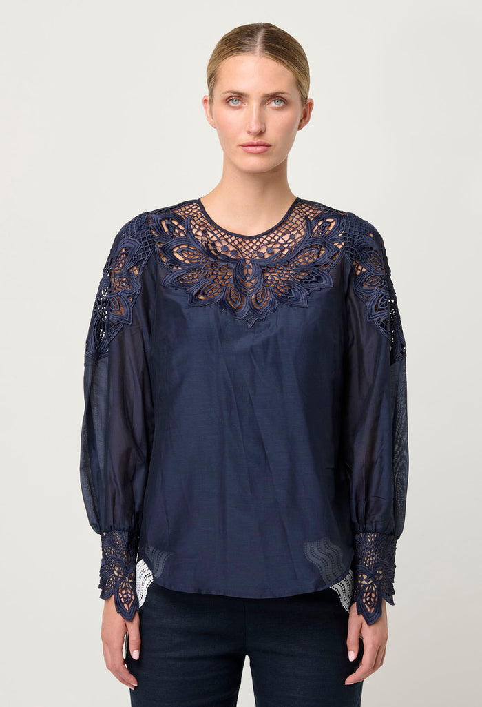 Once Was Mirador Cotton Silk Blouse in Navy