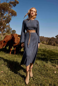 Once Was - Everett Cotton Lyocell Wave Knit Midi Dress in Bluestone