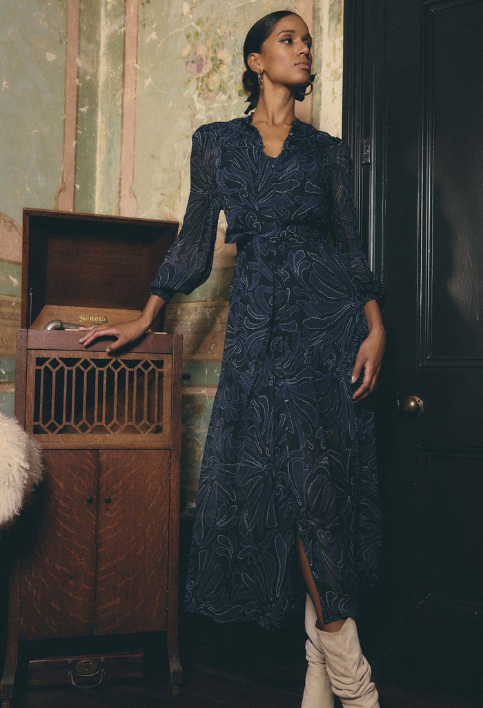 Once Was Solana Braided Neck Detail Viscose Chiffon Navy Midi Dress