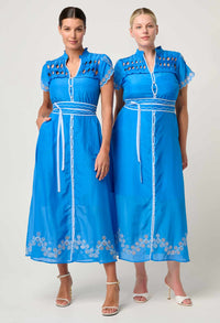 Once Was - Xanthia Diamond Smock Yoke Linen Viscose Dress - BLUE TOPAZ