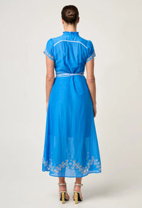 Once Was - Xanthia Diamond Smock Yoke Linen Viscose Dress - BLUE TOPAZ