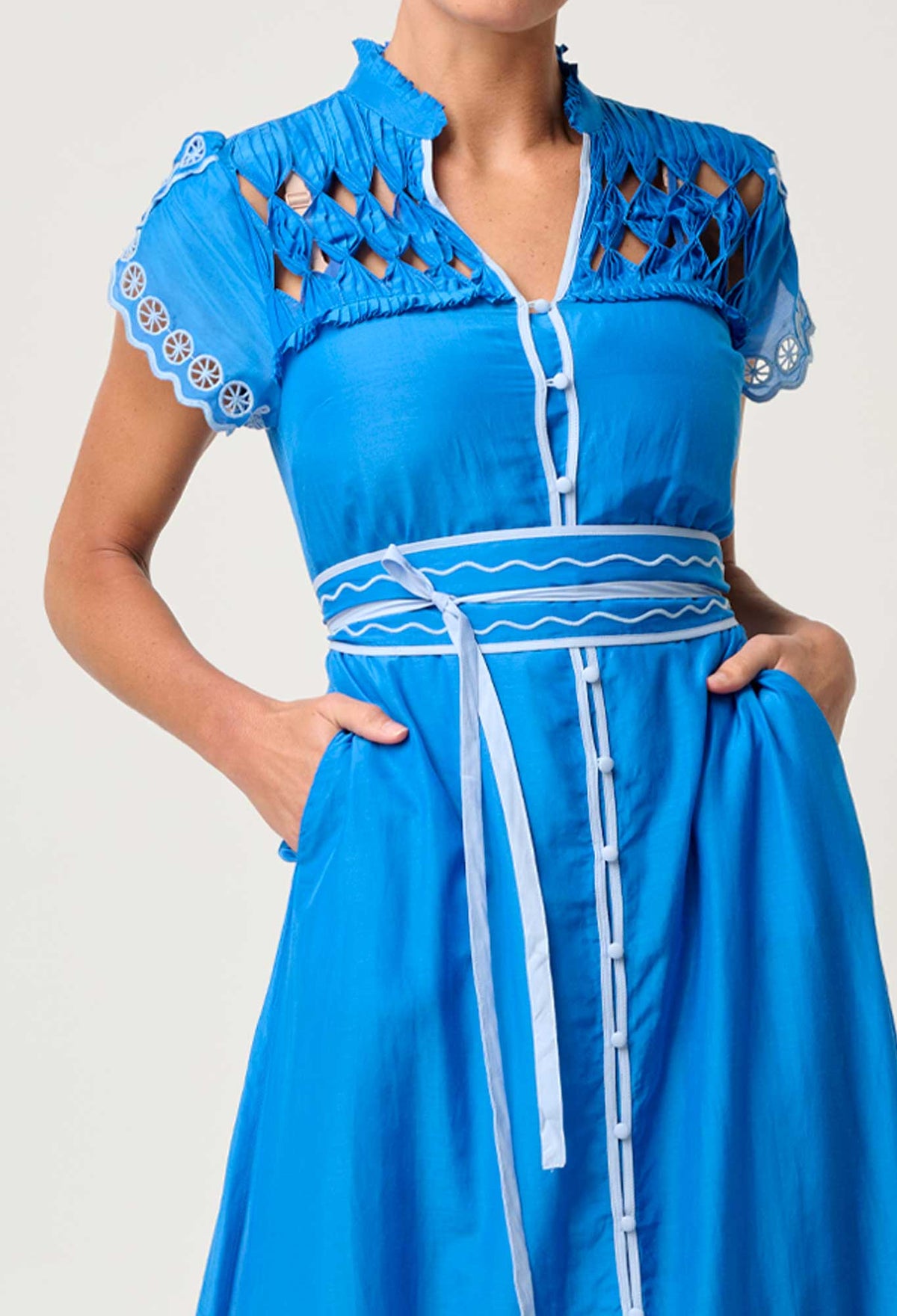 Once Was - Xanthia Diamond Smock Yoke Linen Viscose Dress - BLUE TOPAZ