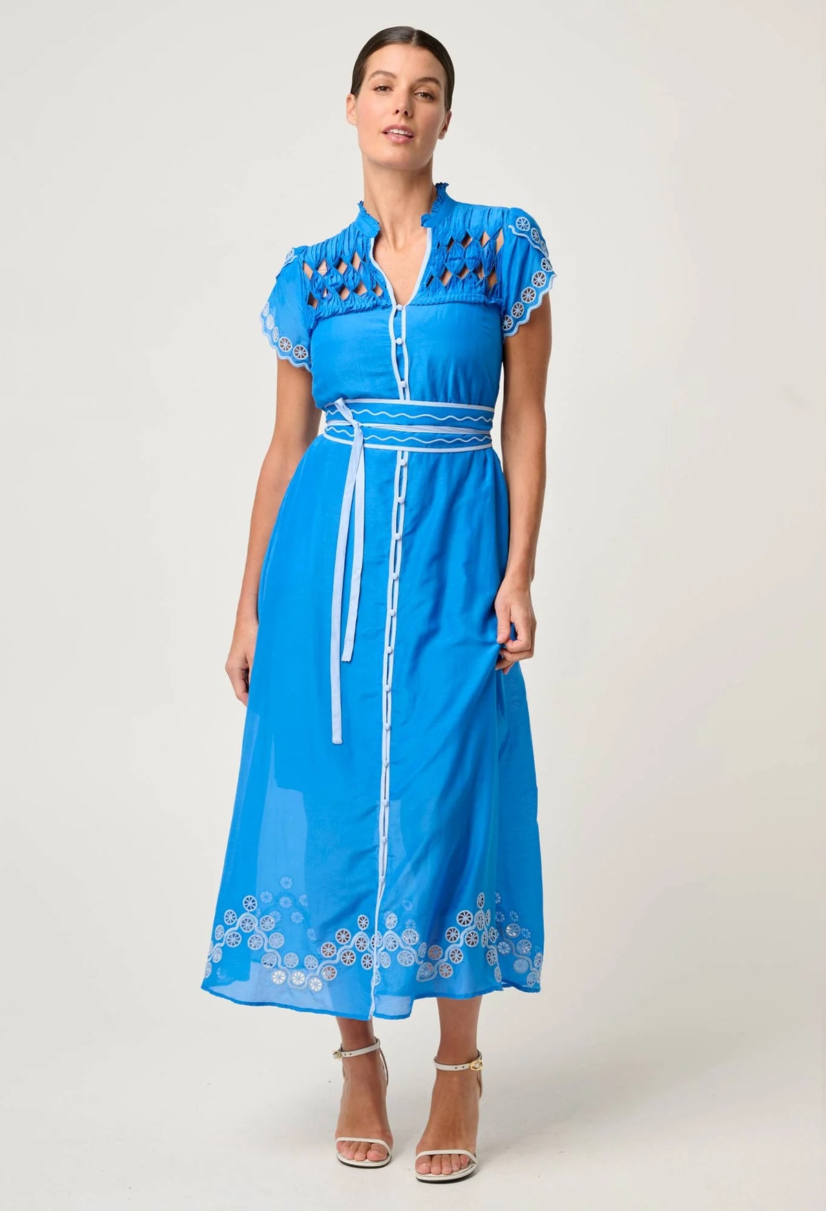 Once Was - Xanthia Diamond Smock Yoke Linen Viscose Dress - BLUE TOPAZ