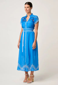 Once Was - Xanthia Diamond Smock Yoke Linen Viscose Dress - BLUE TOPAZ