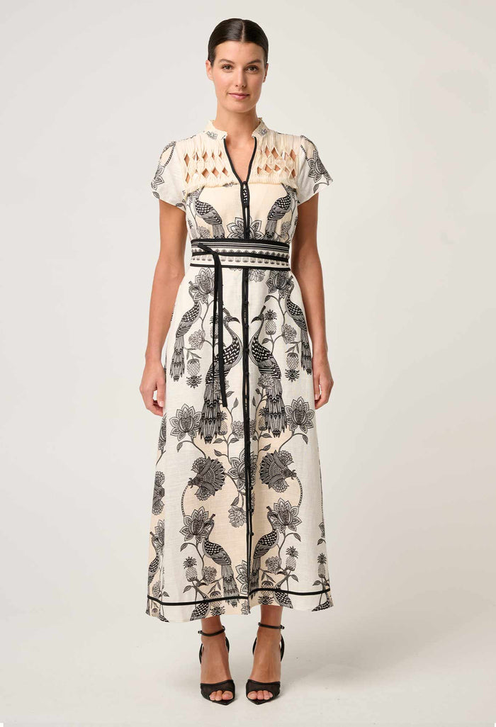 Once Was - Xanthia Diamond Smock Yoke Linen Viscose Dress - IMPERIAL STONE