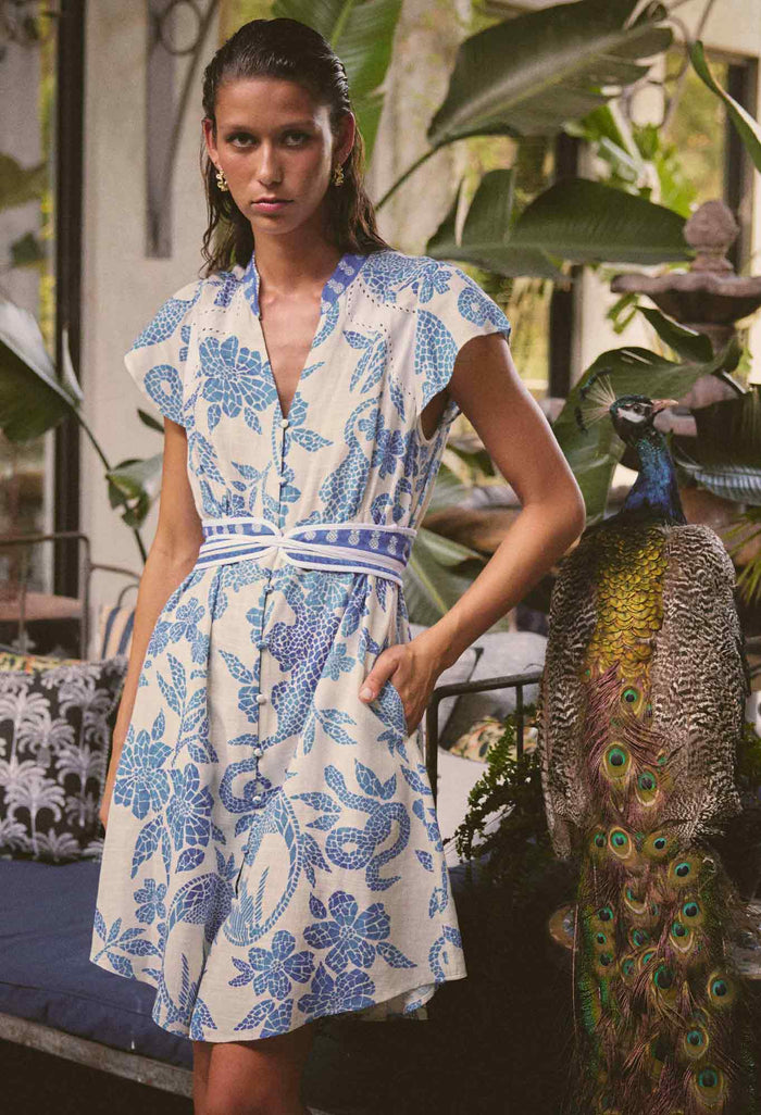 Once Was - Adriana Linen Viscose Embroidered Yoke Dress in Azure Mosaic