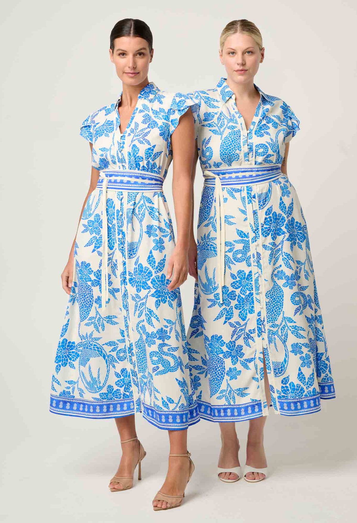 Once Was - Callista Viscose Dobby Petal Sleeve Dress in Azure Mosaic