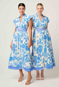 Once Was - Callista Viscose Dobby Petal Sleeve Dress in Azure Mosaic
