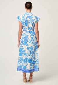 Once Was - Callista Viscose Dobby Petal Sleeve Dress in Azure Mosaic