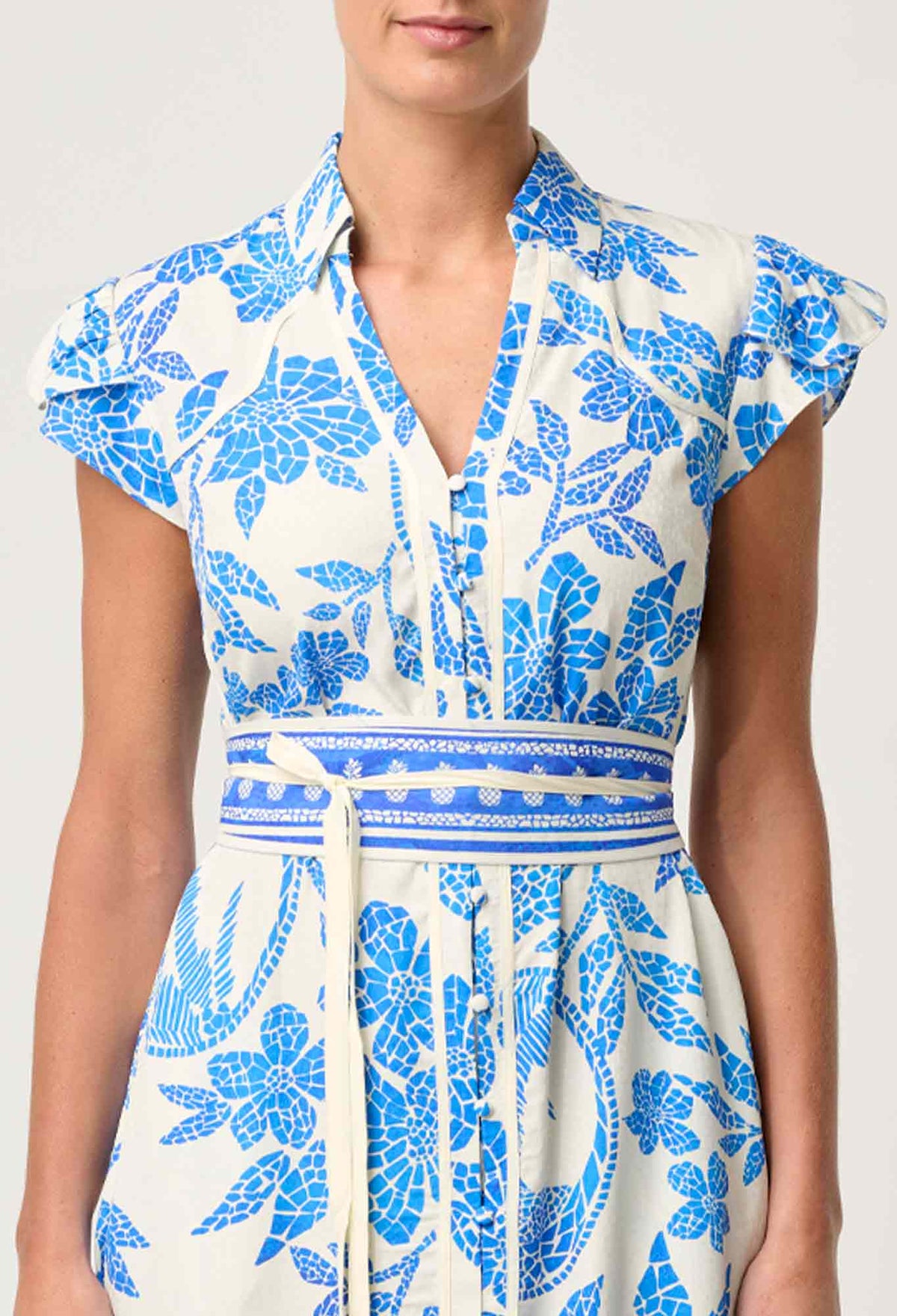 Once Was - Callista Viscose Dobby Petal Sleeve Dress in Azure Mosaic