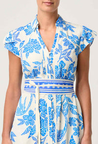Once Was - Callista Viscose Dobby Petal Sleeve Dress in Azure Mosaic