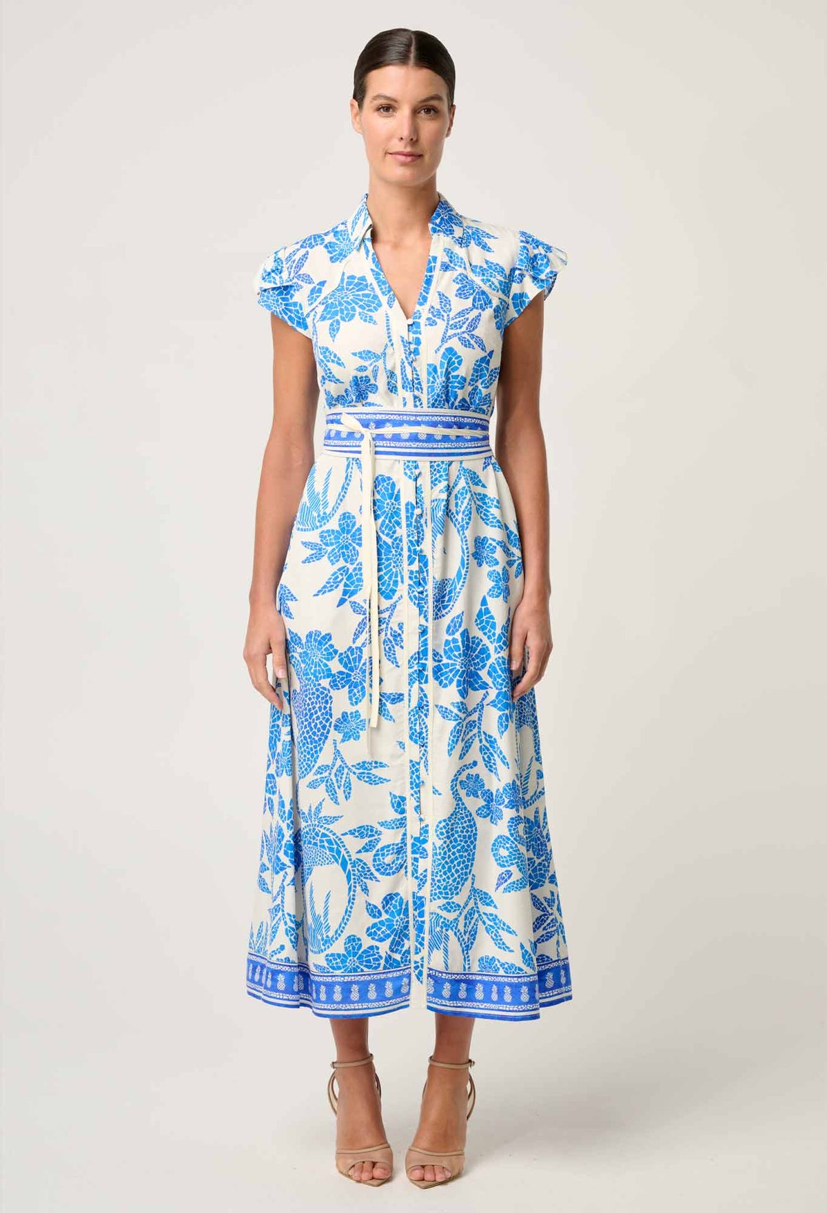 Once Was - Callista Viscose Dobby Petal Sleeve Dress in Azure Mosaic
