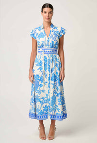 Once Was - Callista Viscose Dobby Petal Sleeve Dress in Azure Mosaic