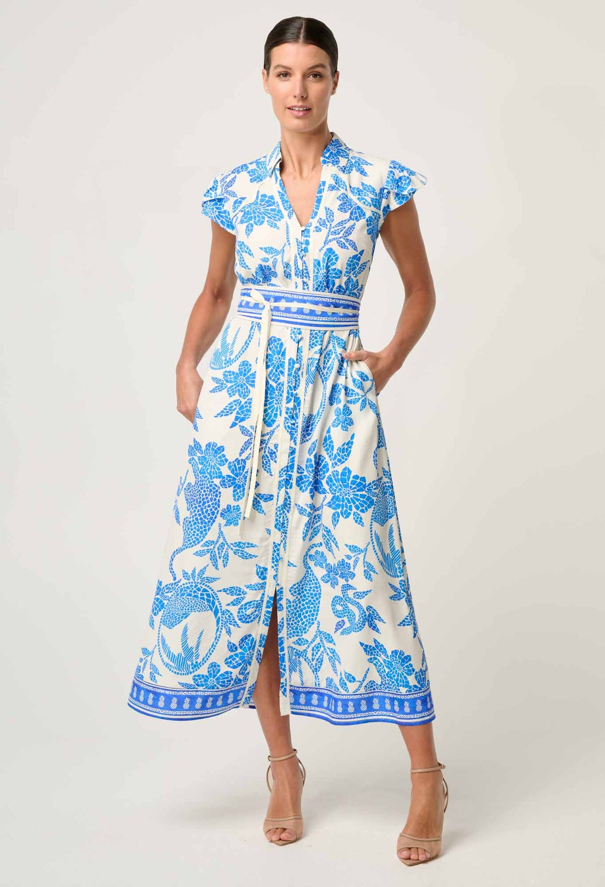 Once Was - Callista Viscose Dobby Petal Sleeve Dress in Azure Mosaic