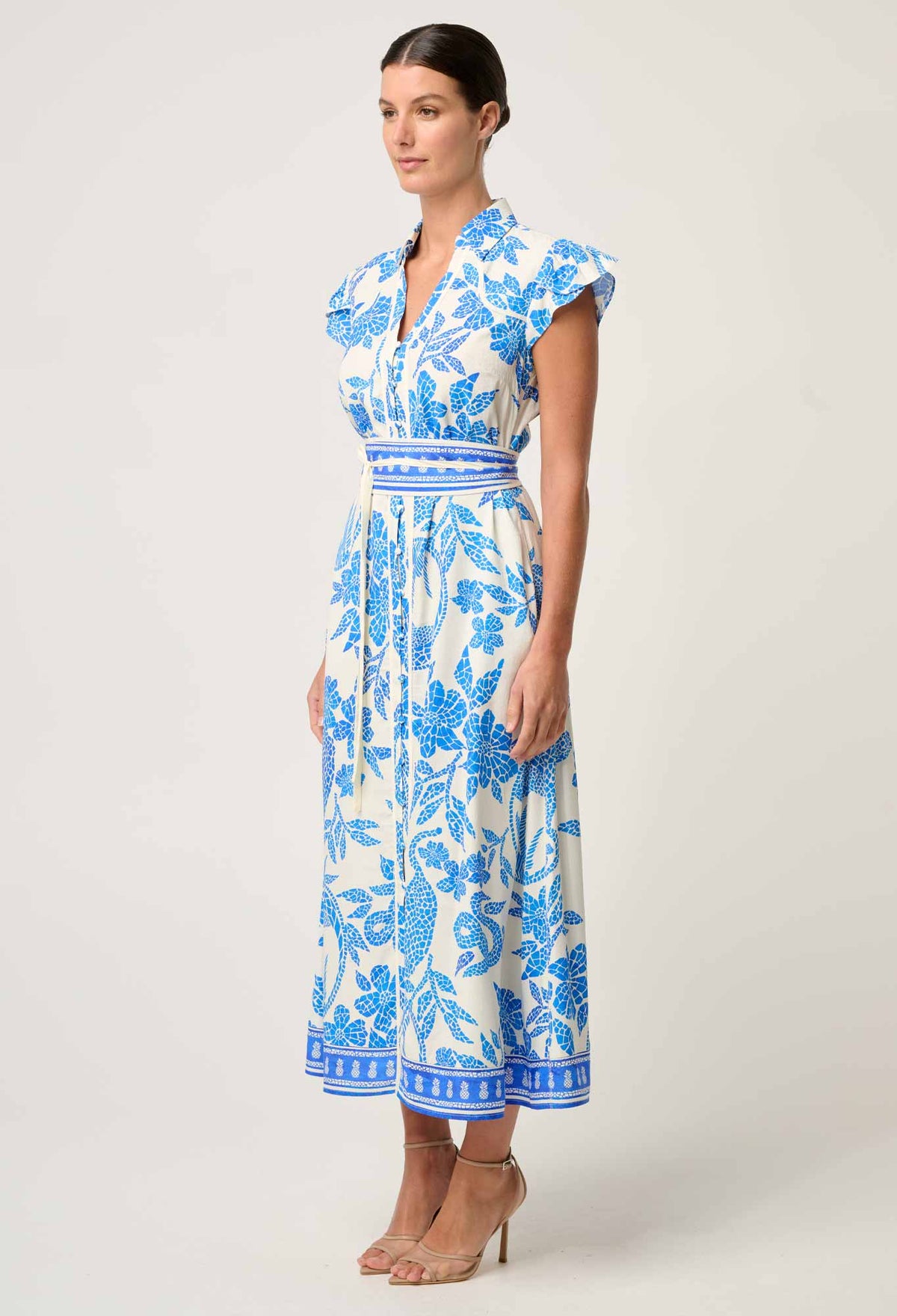 Once Was - Callista Viscose Dobby Petal Sleeve Dress in Azure Mosaic