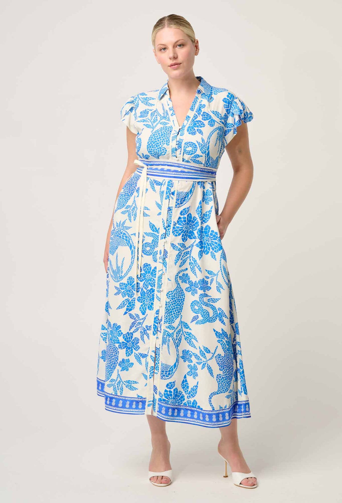 Once Was - Callista Viscose Dobby Petal Sleeve Dress in Azure Mosaic