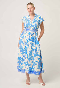 Once Was - Callista Viscose Dobby Petal Sleeve Dress in Azure Mosaic