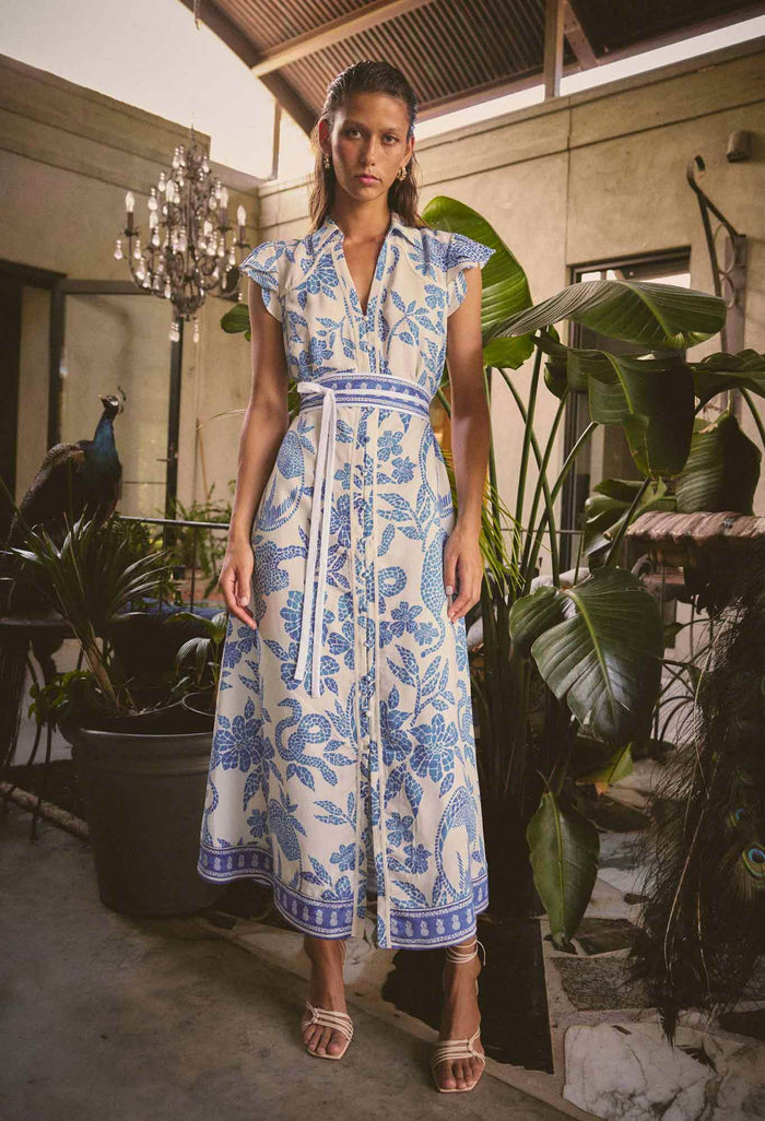 Once Was - Callista Viscose Dobby Petal Sleeve Dress in Azure Mosaic