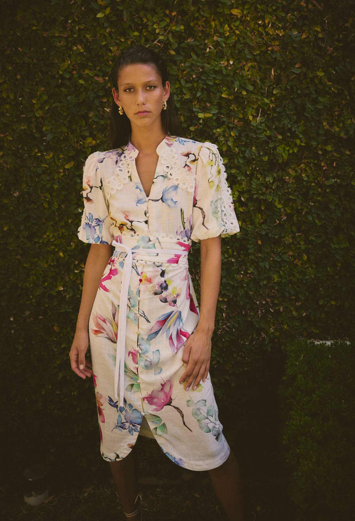 Once Was - Gaia Lace Trim Spliced Linen Viscose Dress - PLUME BLOSSOM