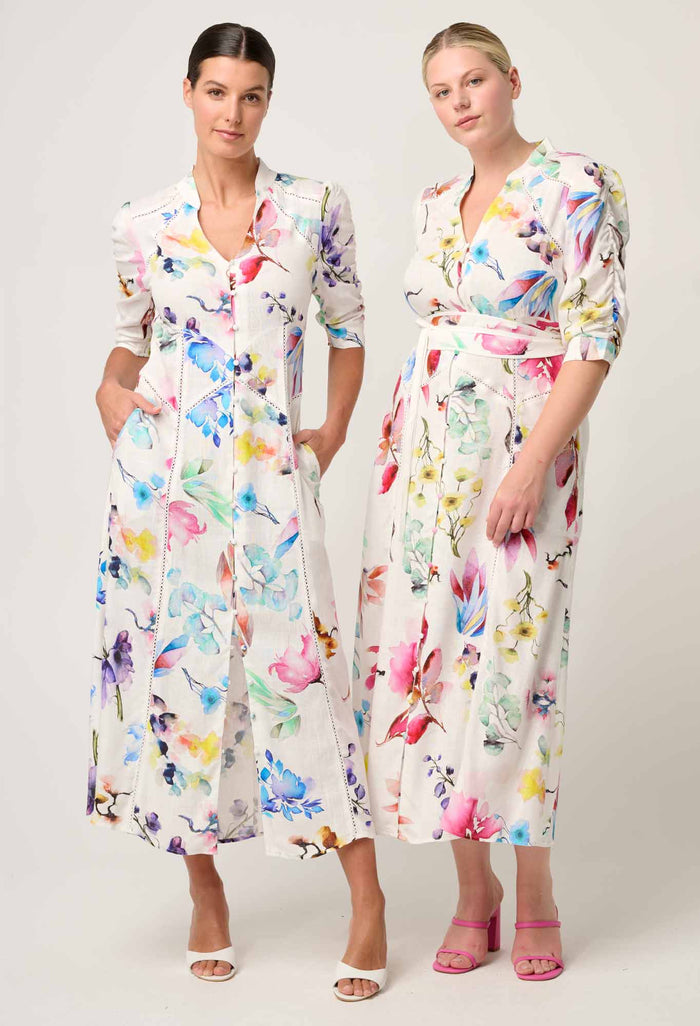 Once Was - Xenia Contrast Yolk Linen Viscose Dress - PLUME BLOSSOM