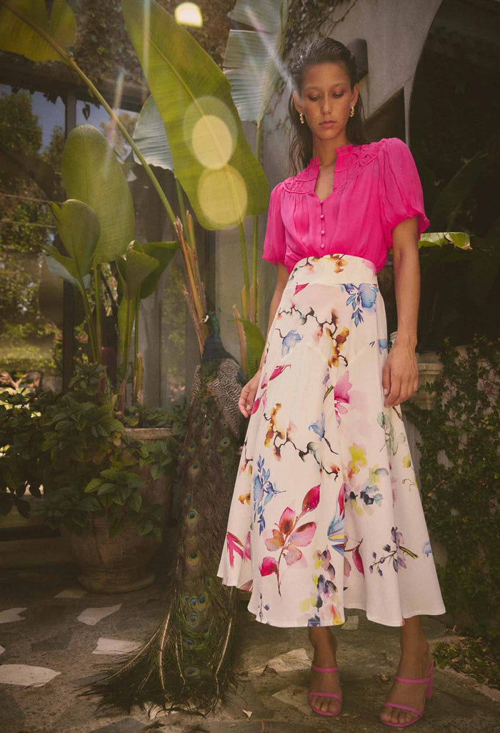 Once Was - Pandorea Viscose Dobby Stitch Detail Yoke Skirt - PLUME BLOSSOM