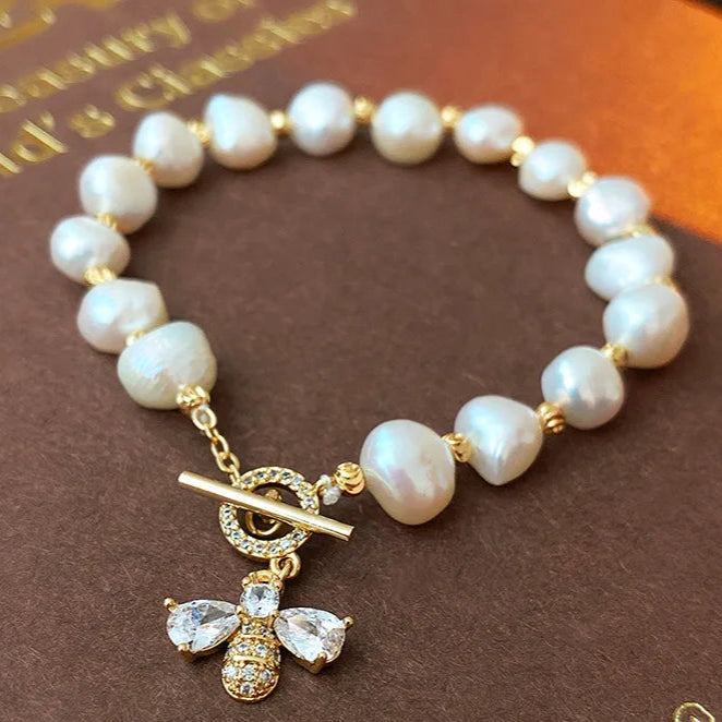 Retro Heart Shape Bee Freshwater Pearl Copper Bracelet