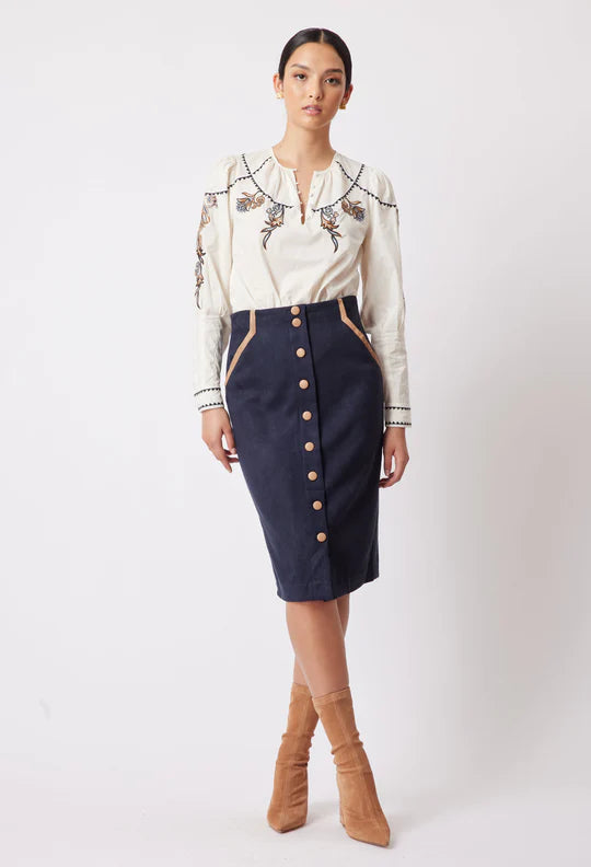 Eddie Faux Suede Skirt in Husk Navy Zoe Clare Leura Village
