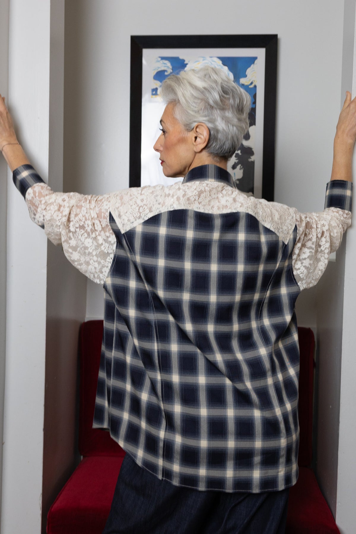 M.A. Dainty Cupido plaid shirt with lace back yoke — detail