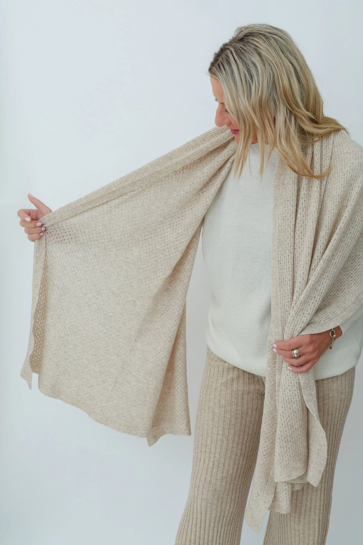 MerinoSnug - Mansfield Wool Knitted Wrap - Australian Made in Natural Beige