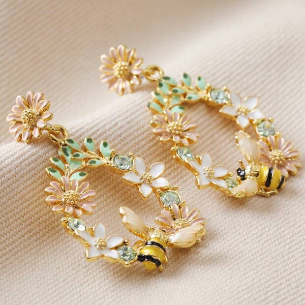 Crystal Flower and Enamel Bee Drop Earrings