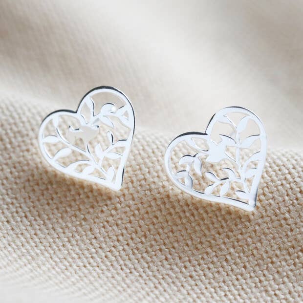 Family Tree Heart Stud Earrings in Sterling Silver