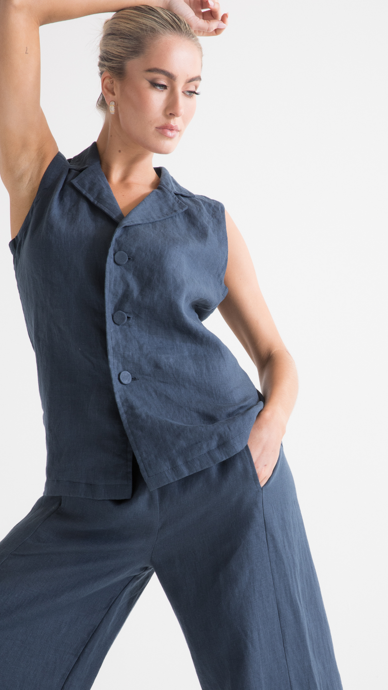 Luca Linen Vest - Navy