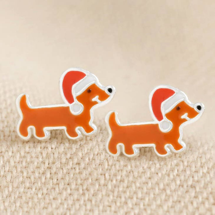 Christmas Sausage Dog Stud Earrings Sterling Silver
