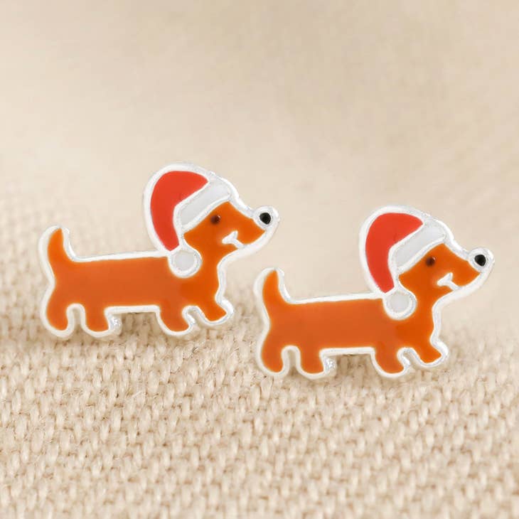 Christmas Sausage Dog Stud Earrings Sterling Silver