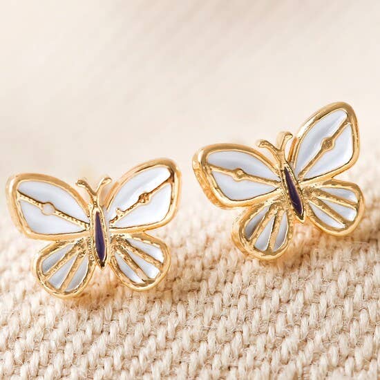 White Enamel Gold Butterfly Earrings