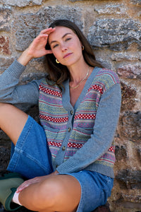 Maxted - Button Down Cardigan in Charcoal Fairisle