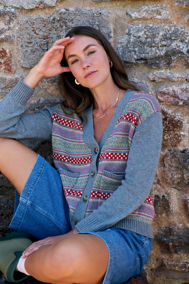 Maxted - Button Down Cardigan in Charcoal Fairisle