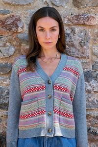 Maxted - Button Down Cardigan in Charcoal Fairisle