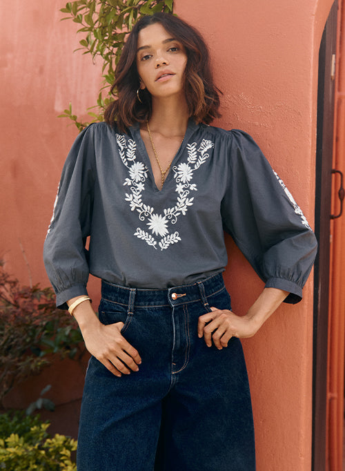 Mexican Embroidered Blouse - Grey