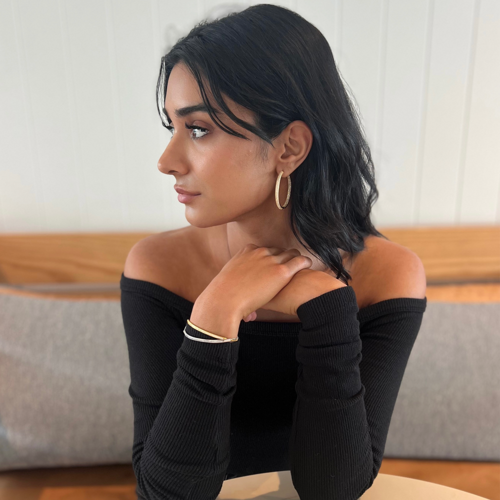 Claudia cubic zirconia hoop earrings styled worn on model — Zoe Clare Leura