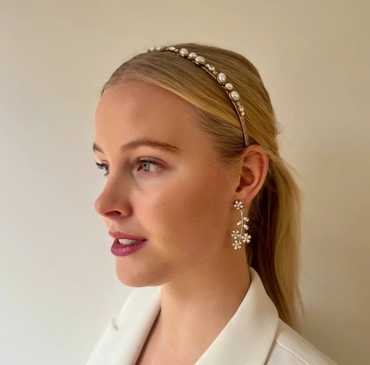 Tania Hird Verity Pearl & Crystal Headband - Nude