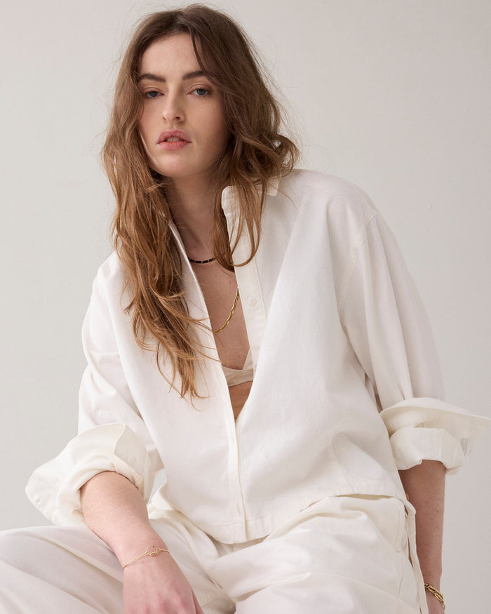 Summum Denim Blouse soft twill white boxy bomber fit — Zoe Clare Leura Village Blue Mountains