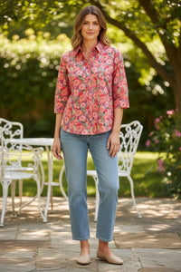 Equinox Cottage Garden floral shirt worn with jeans