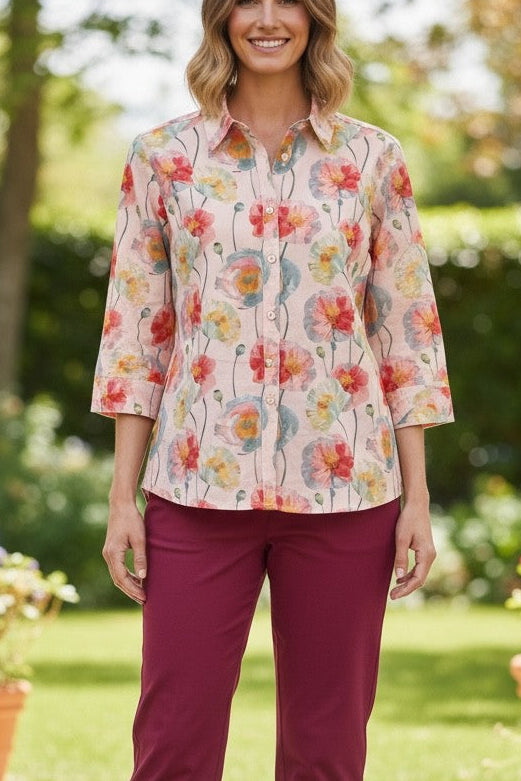 Equinox Poppy print cotton shirt with 3/4 sleeves