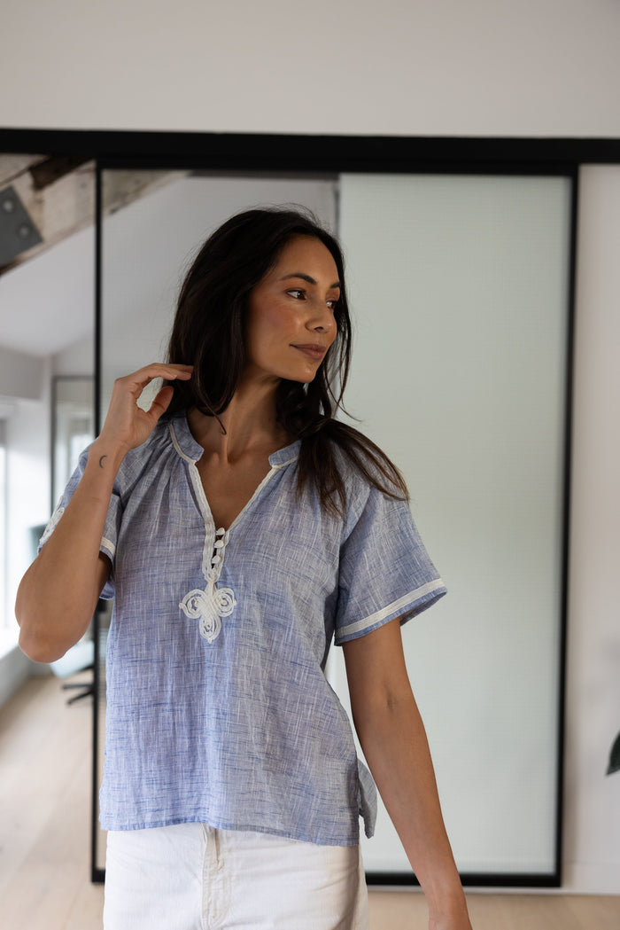 Rose & Rose Foxglove Top in Banker Blue