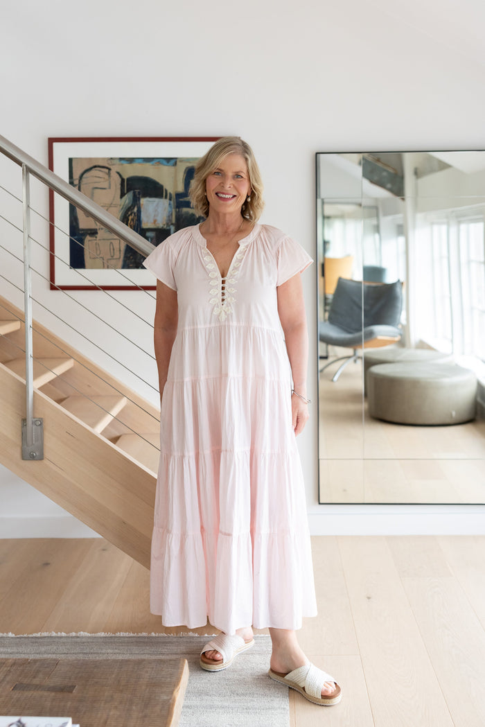 Rose & Rose Camellia Dress in Shell Pink and White