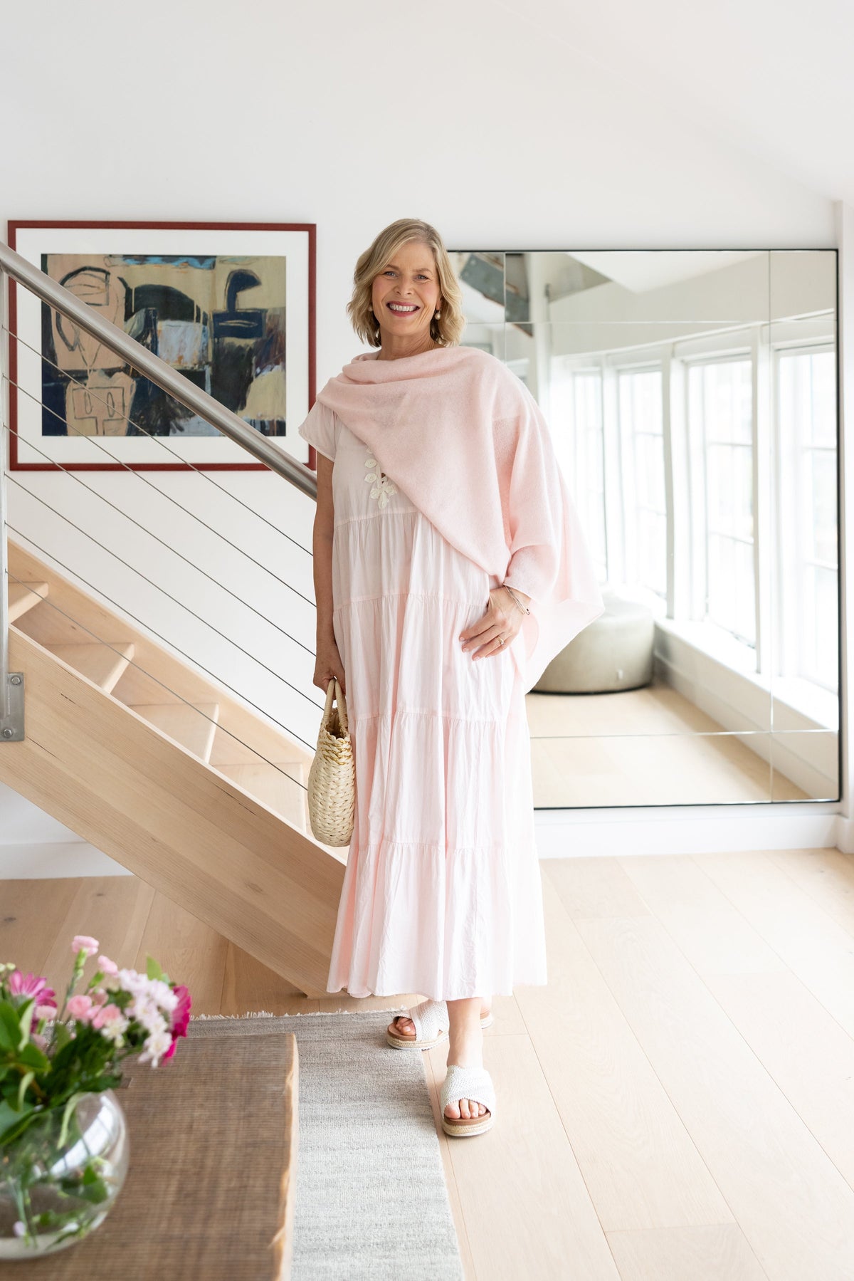 Rose & Rose Camellia Dress in Shell Pink and White